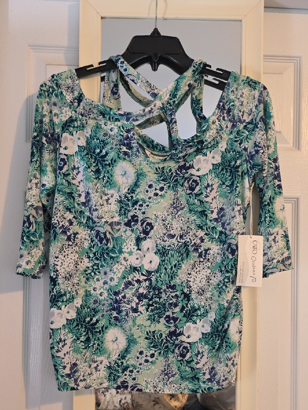 Cato Green & Blue Floral Cold-Shoulder Blouse with Crisscross Back